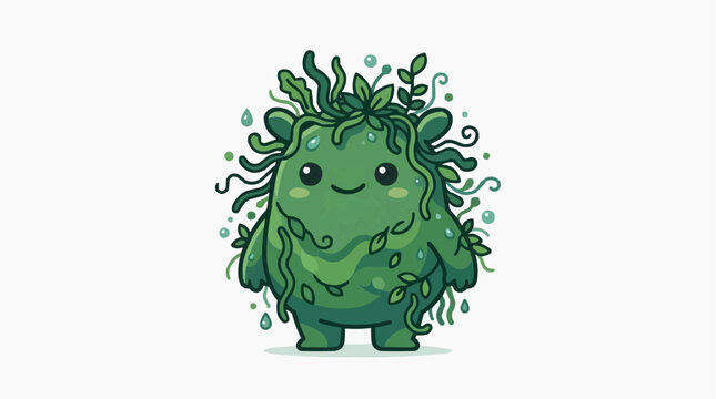 Cute green moss creature with leaves and water droplets on white background