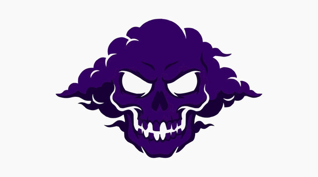 Dark purple skull emerging from swirling smoke clouds with glowing white eyes and sharp teeth on a white background