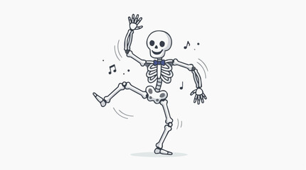 Fototapeta premium A happy cartoon skeleton dancing with a bow tie and musical notes around it on a white background