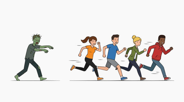 Diverse group of people running away from a zombie in a cartoon style illustration