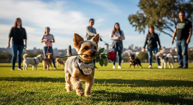 Small yorkshire terrier holding a single red rose in park with people in blurred background.