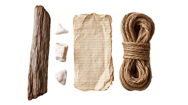 Natural twine, rope and burlap fabric samples on transparent