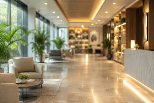 Blurred luxury hotel lobby reception interior modern office lounge area furniture architecture lighting background corporate hospitality waiting room
