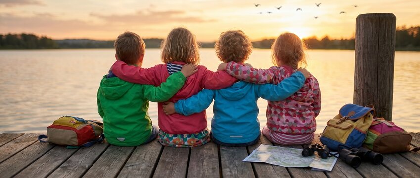 > Rear view of four little kids hugging while sitting on a wooden pier by the lake at sunset. Concept of summer camp, childhood friendship, and outdoor nature adventure. Generative AI.