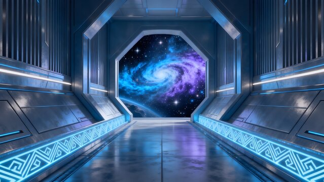 Futuristic space corridor with galaxy view