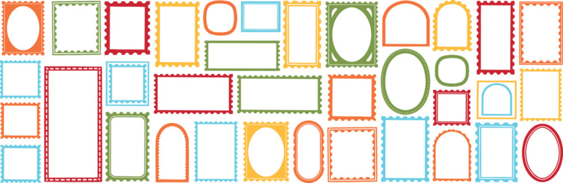 A colorful assortment of decorative postage stamp shaped frames in various sizes and shapes arranged on a white background for creative projects