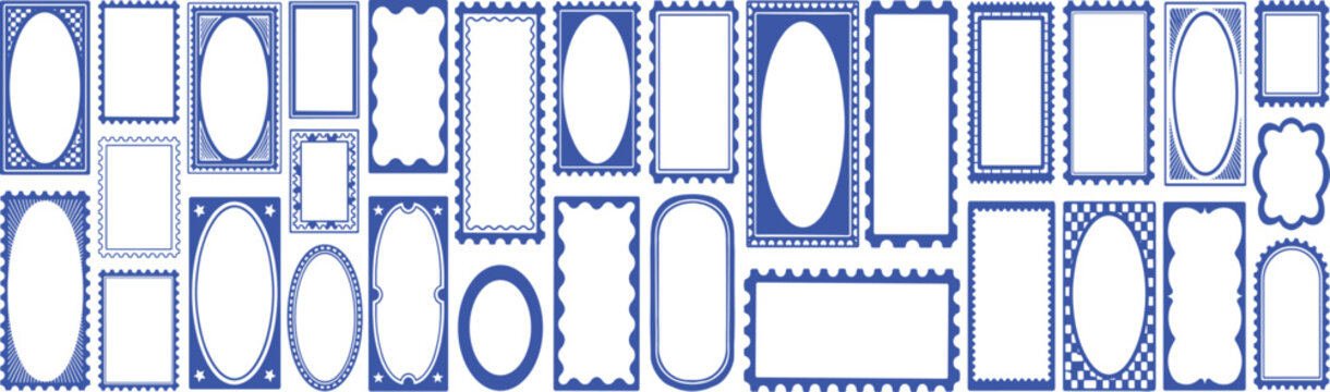 Collection of diverse decorative blue vintage postage stamp borders and frames on a transparent background with various shapes and ornate edges for graphic design