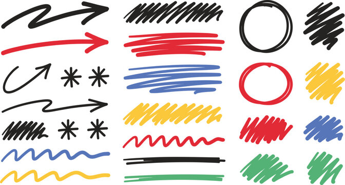 Collection of handdrawn graphic elements including arrows scribbles asterisks circles and wavy lines in various bright colors against a white background