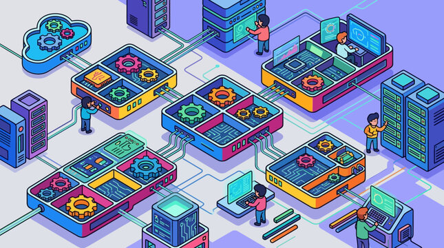 Isometric Data Center and Cloud Computing Network Infrastructure Illustration with IT Professionals Managing Server Hardware and Software Systems