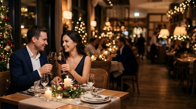 Elegant couple toasting with red wine at a romantic restaurant dinner