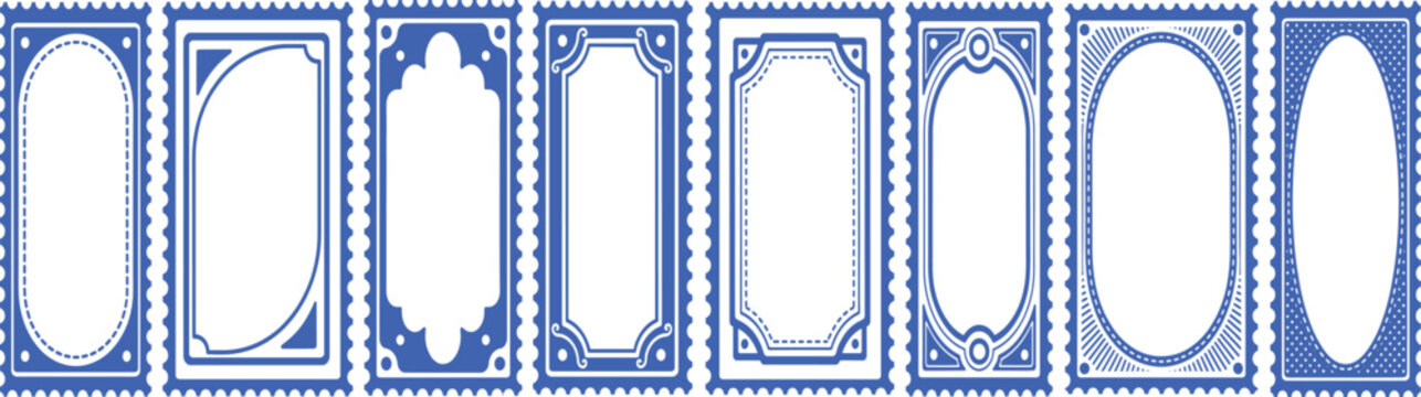Collection of nine distinct blue vintage stamp borders and decorative frames with intricate designs and perforated edges set against a white background for graphic design purposes
