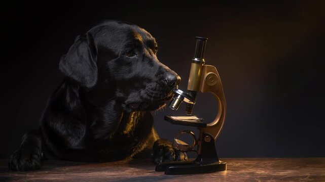 Curious black Labrador exploring a vintage microscope on a wooden table in a cozy indoor setting