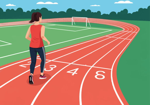 Vector illustration of a woman in a red tank top and leggings jogging on a red athletic track with white lane markings. Stadium background with green field, soccer goal, and trees.