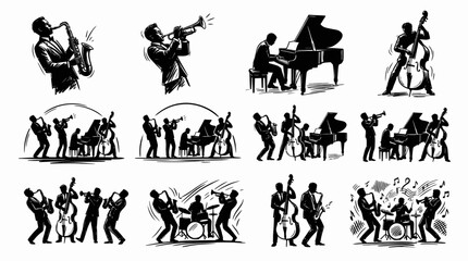 Jazz band musicians performing on stage with various instruments © jonsen