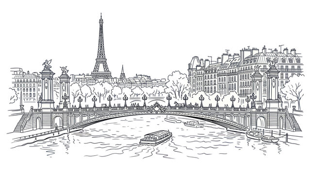 Panoramic paris cityscape with eiffel tower and seine river bridge