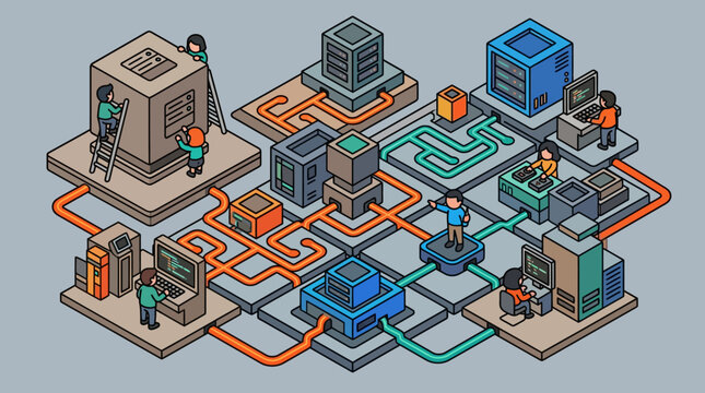 Isometric Illustration of IT Professionals Managing a Data Center Network, Cloud Server Infrastructure, and Software Development Workflows