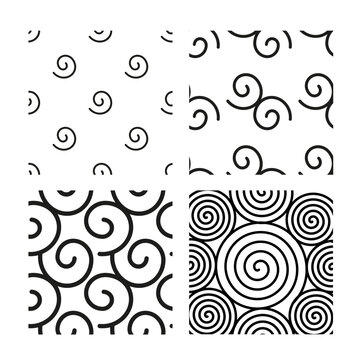 Abstract Monochromatic Spiral Ornament Patterns Set for Graphic Design Backgrounds