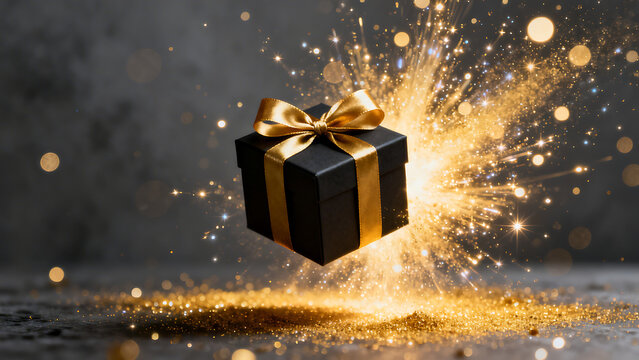 Black gift box with gold ribbon exploding in golden sparks