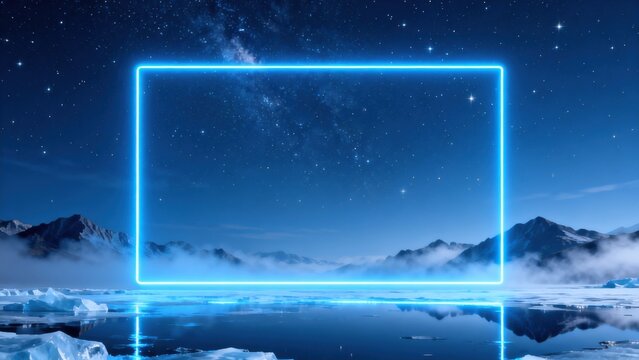 Night sky with glowing frame and icy landscape