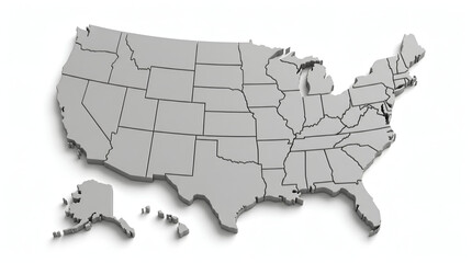 Fototapeta premium Three dimensional grey carte usa showing state borders on white