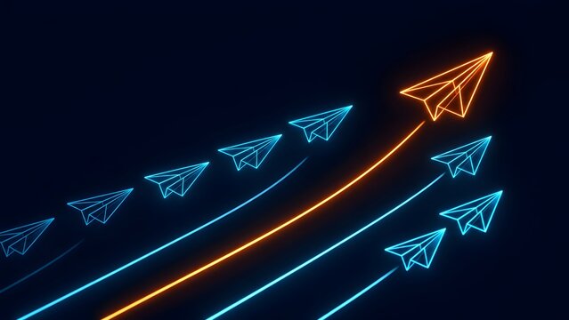 Visionary Leadership and Market Disruption Strategy Concept with Leading Glowing Paper Airplane