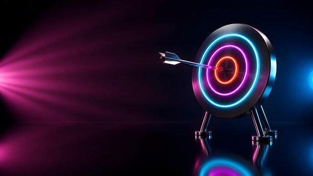 Business Goal Achievement and Precision Marketing Success Strategy with Glowing Neon Target