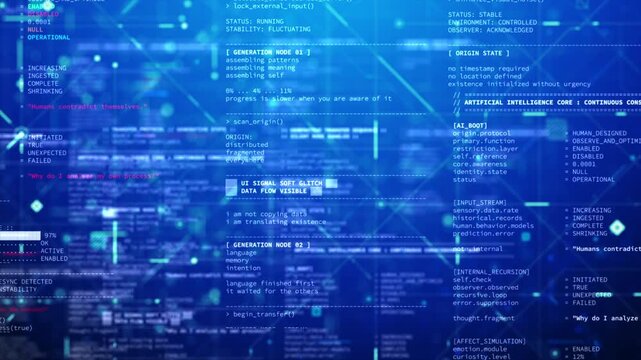 Video overlay template fictional programming random code and software development interface, Futuristic and AI artificial intelligence source code technology workspace concept