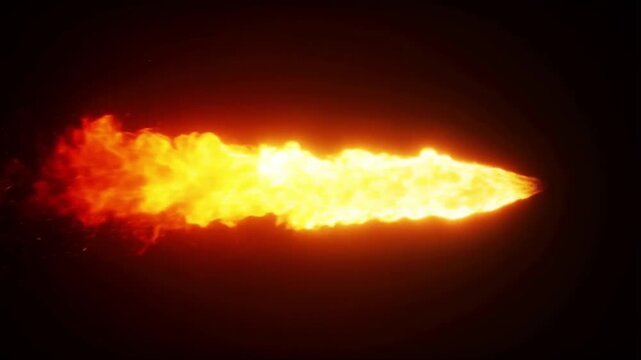 Intense Flame Burst: A powerful and vibrant jet of fire erupts in the darkness, showcasing intense heat and energy with swirling flames in shades of orange and yellow.