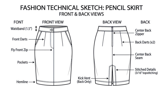 Pencil skirt fashion technical sketch showing front and back views