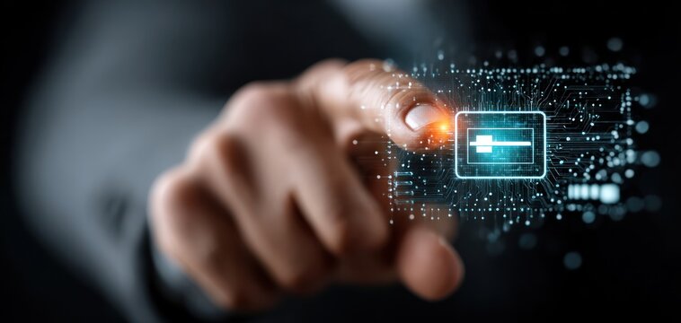 Human finger pressing a digital control panel with circuit board elements glowing digitally