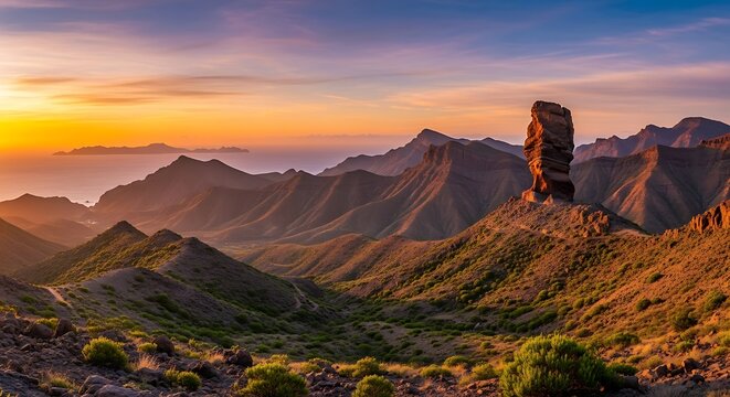 Dramatic sunset over mountain range with towering rock formation landscape scenery