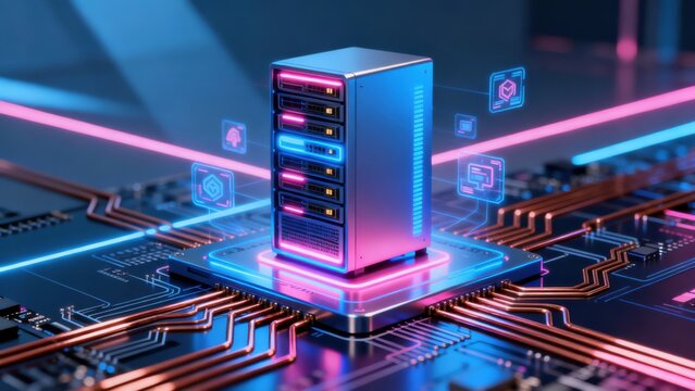 Server on circuit board with glowing lines