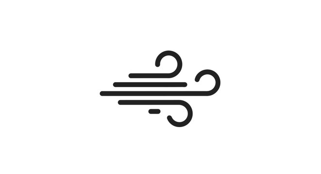 A simple black icon representing a gust of wind on a white background