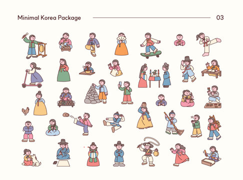 Minimal Korean culture character set featuring traditional customs, folk activities, modern lifestyle, and cultural heritage.