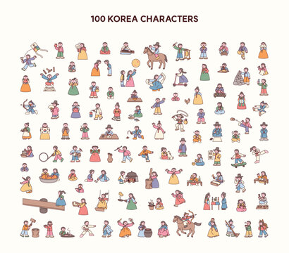 100 Korean culture characters featuring traditional customs, folk activities, daily life, celebrations, and heritage in a flat vector style.