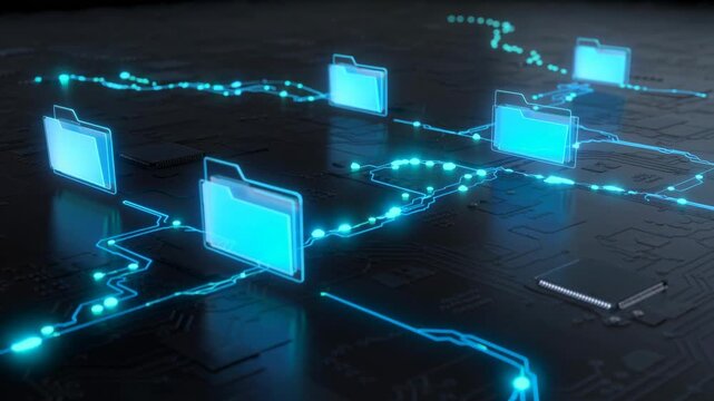 Digital network of glowing blue folders interconnected on dark circuit board technology background