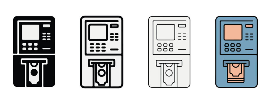 Automated teller machine icons in various colors and styles isolated on transparent background for versatile design use in financial technology applications and digital interfaces