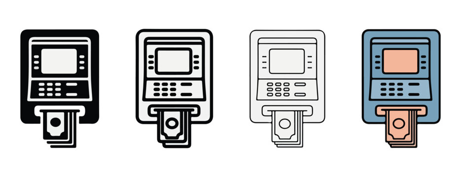 Automated teller machine icons in various colors including black white gray and blue isolated on transparent background