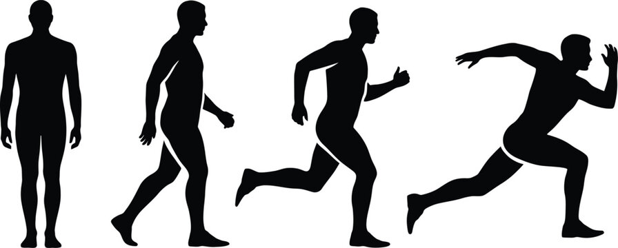 Black silhouettes of a man in four progressive stages of motion starting from a standing position walking jogging and finally sprinting forward on a plain white background