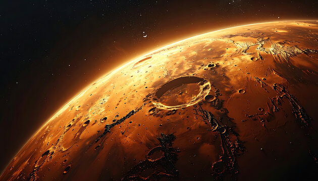 Distant alien planet surface glowing with city lights at night, cratered terrain, cosmic stars in dark sky