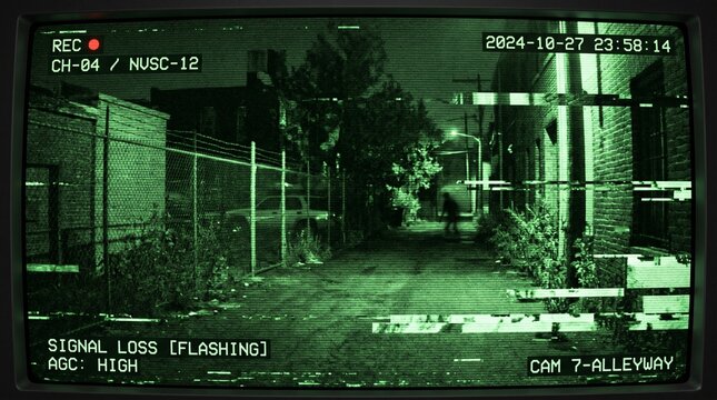 Night Vision Security Camera Feed of Dark Alley with Mysterious Silhouette, CCTV Glitch Screen