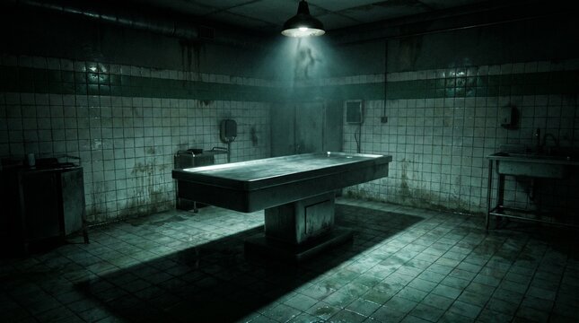 Creepy abandoned morgue room with stainless steel autopsy table under dramatic spotlight, eerie horror interior