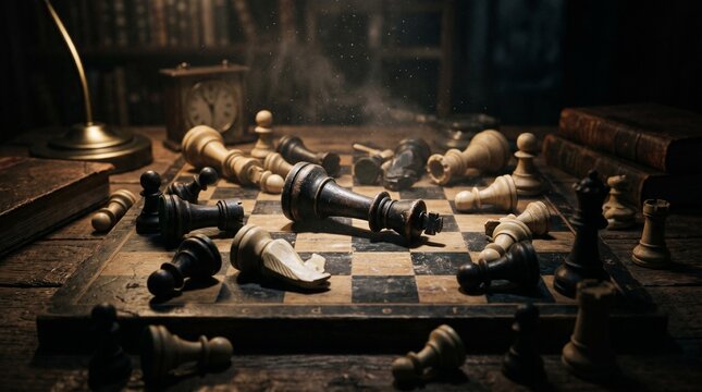 Dramatic Vintage Chessboard with Scattered Pieces and Fallen King in a Dark Dusty Study