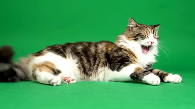 Long-haired calico cat lying on its side and yawning open-mouthed on a green screen background
