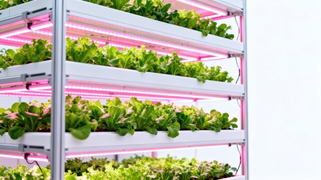 Vertical farm with lettuce under pink lights
