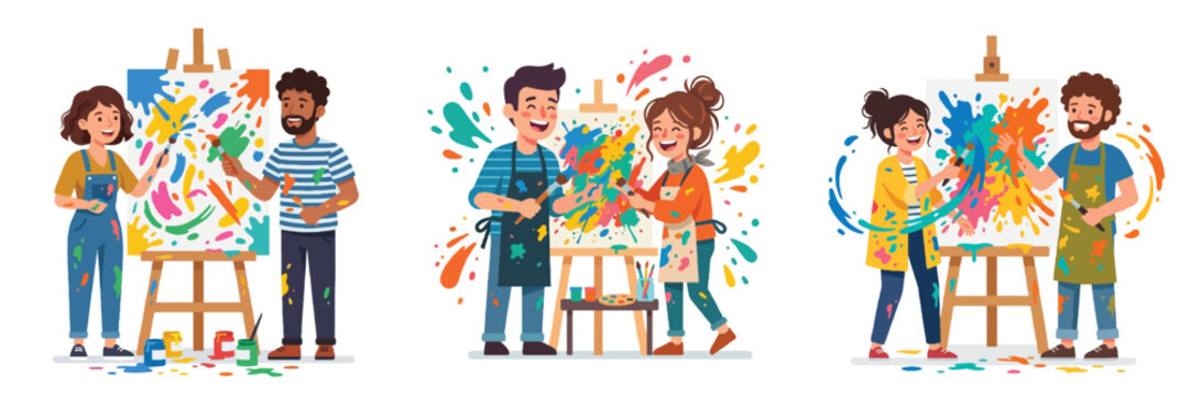 A minimalist flat design illustration of a couple painting a canvas together, splashing paint playfully, clear cheerful facial features, no outlines, artistic and clean, solid white background.