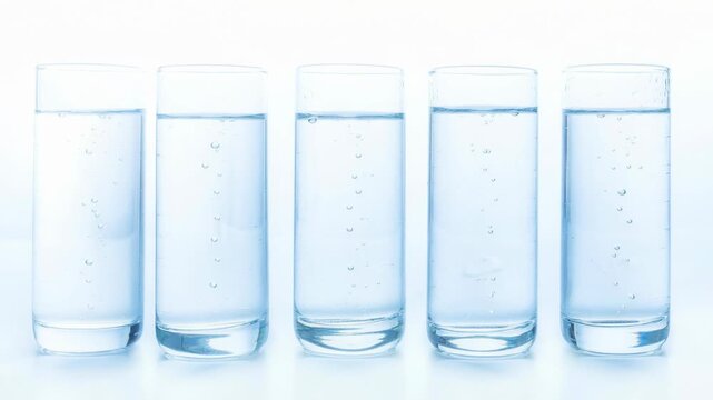 A row of five tall glasses filled with sparkling water and gentle bubbles rising beautifully
