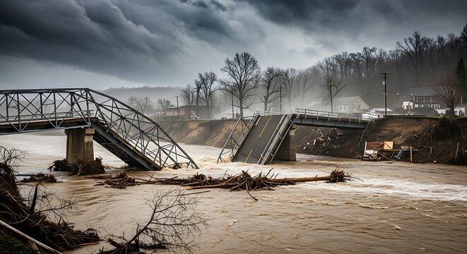 Flood damaged bridge under dark sky with debris and murky water