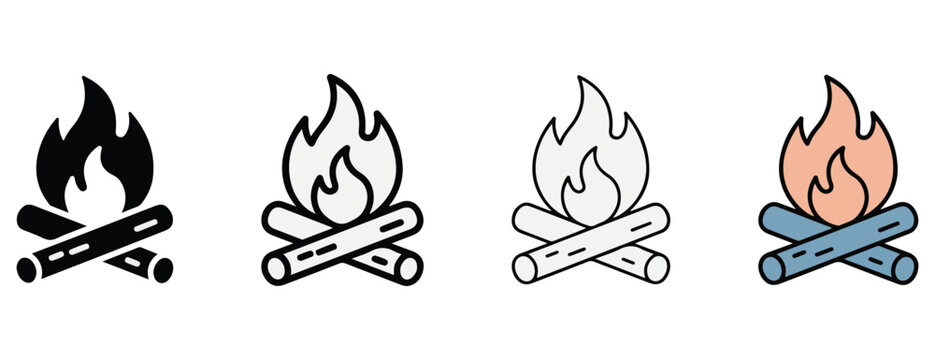 Four campfire icons in various styles including monochrome line art and colorful versions perfect for outdoor adventure designs camping firewood flames and wilderness themes