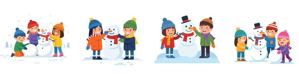 Fototapeta premium A minimal flat design of children building a snowman outside in winter clothes. Joyful faces, clear facial features, no outlines, simple shapes, isolated on a solid white background.